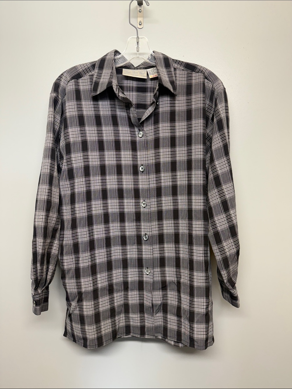 Vintage Paris Sport Club Men's Black & White Plaid Long-Sleeve Dress Shirt